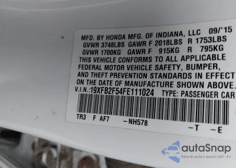 2015 Honda Civic Lx z USA, uszkodzony, nr VIN 19XFB2F54FE111024